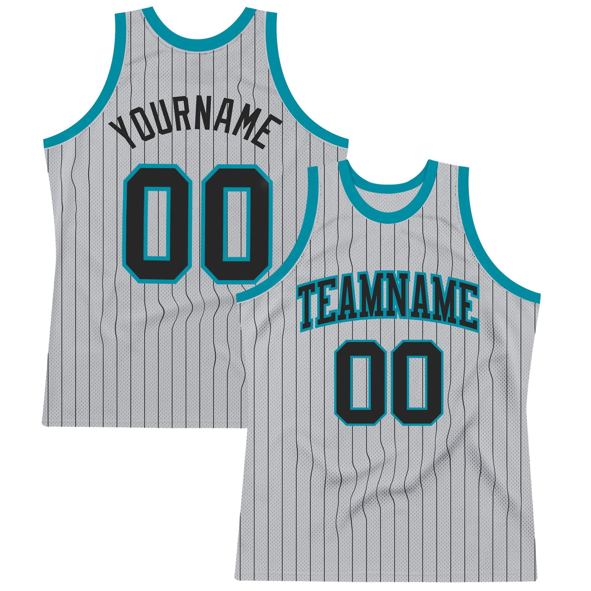 Custom Gray Black Pinstripe Black-Teal Authentic Basketball Jersey - Main View