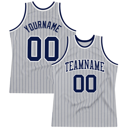 Custom Gray Navy Pinstripe Navy-White Authentic Basketball Jersey - Main View