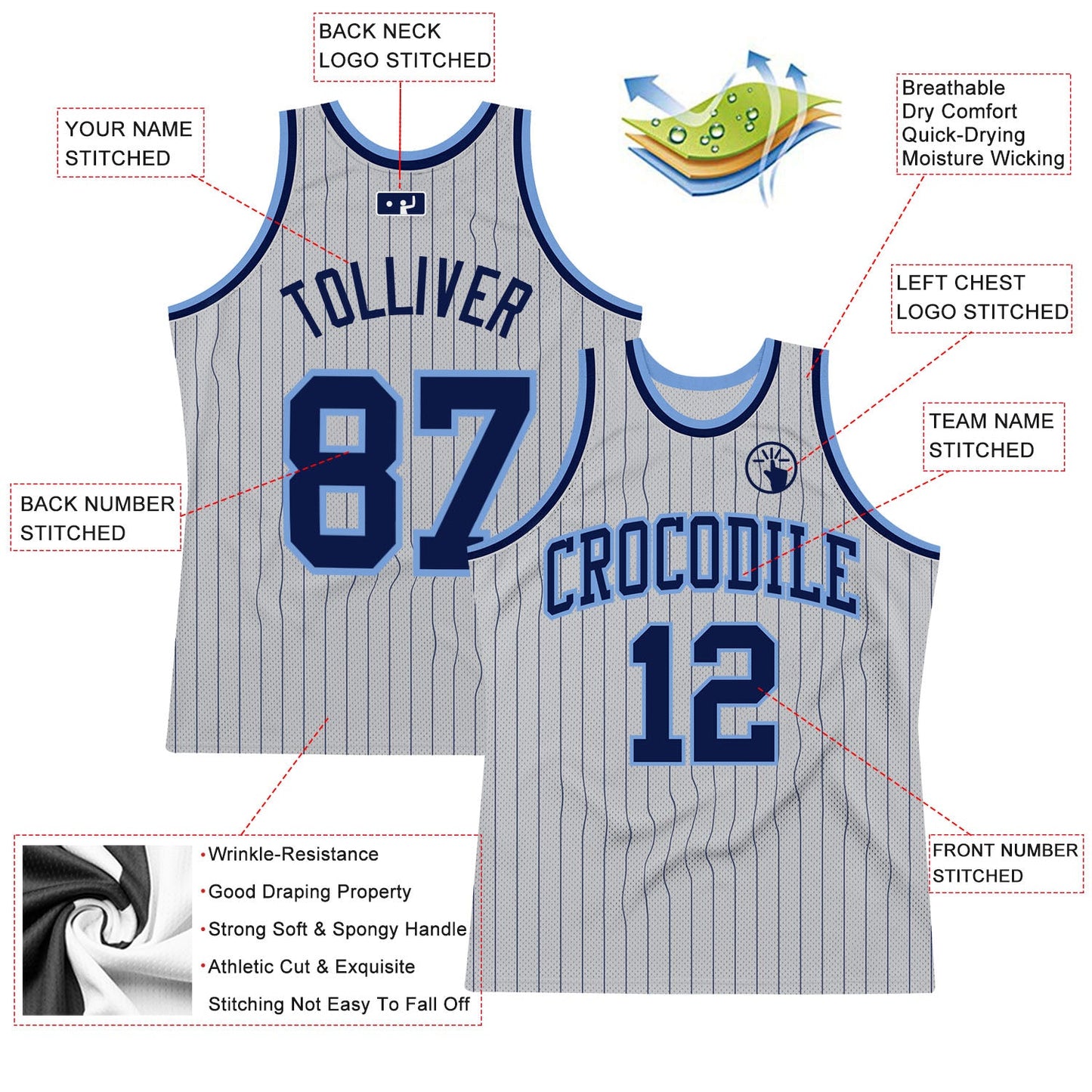 Custom Gray Navy Pinstripe Navy-Light Blue Authentic Basketball Jersey view 2
