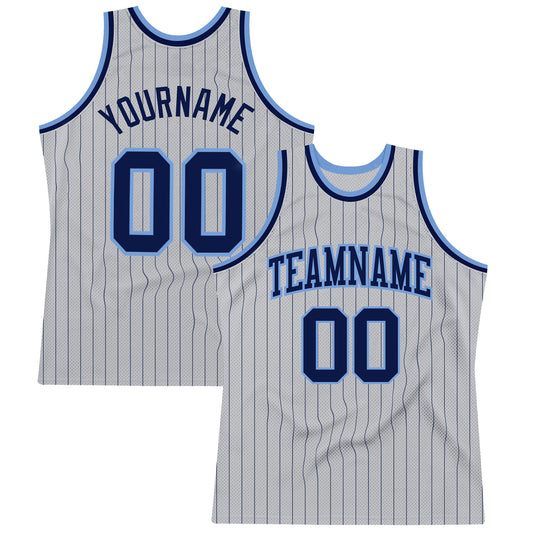 Custom Gray Navy Pinstripe Navy-Light Blue Authentic Basketball Jersey - Main View