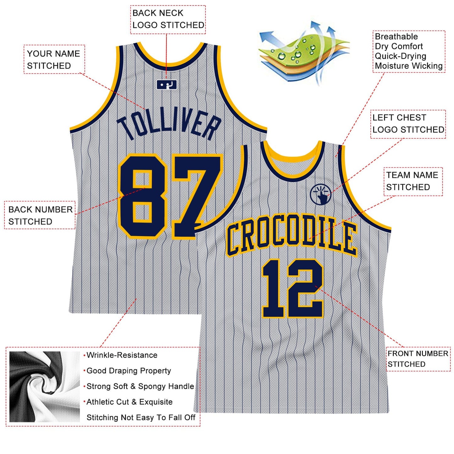 Custom Gray Navy Pinstripe Navy-Gold Authentic Basketball Jersey view 2
