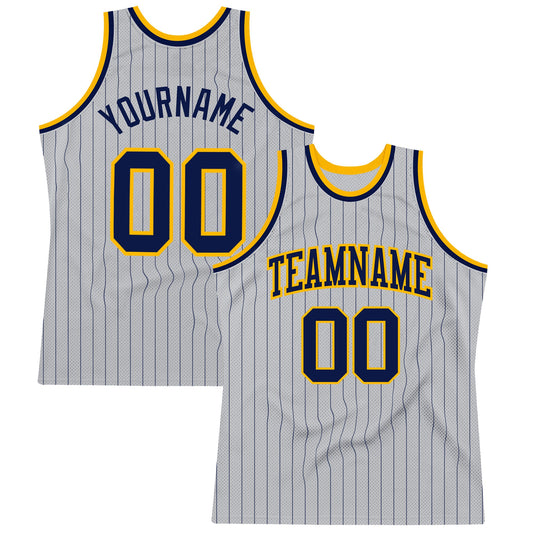 Custom Gray Navy Pinstripe Navy-Gold Authentic Basketball Jersey - Main View
