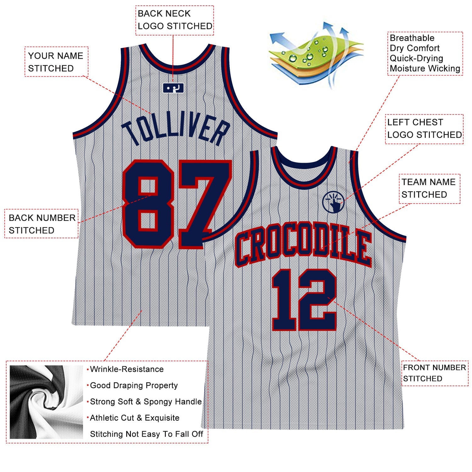 Custom Gray Navy Pinstripe Navy-Red Authentic Basketball Jersey view 2