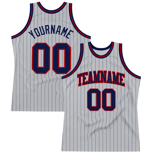 Custom Gray Navy Pinstripe Navy-Red Authentic Basketball Jersey - Main View