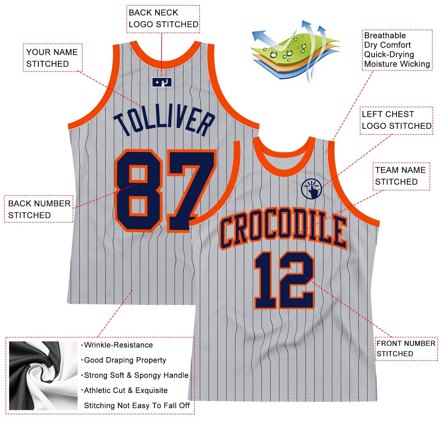 Custom Gray Navy Pinstripe Navy-Orange Authentic Basketball Jersey view 2