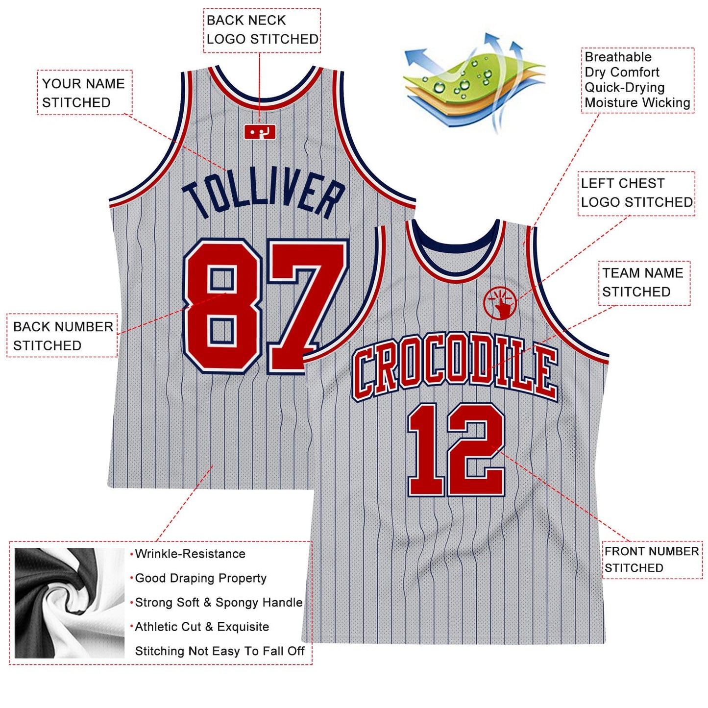 Custom Gray Navy Pinstripe Red-White Authentic Basketball Jersey view 2