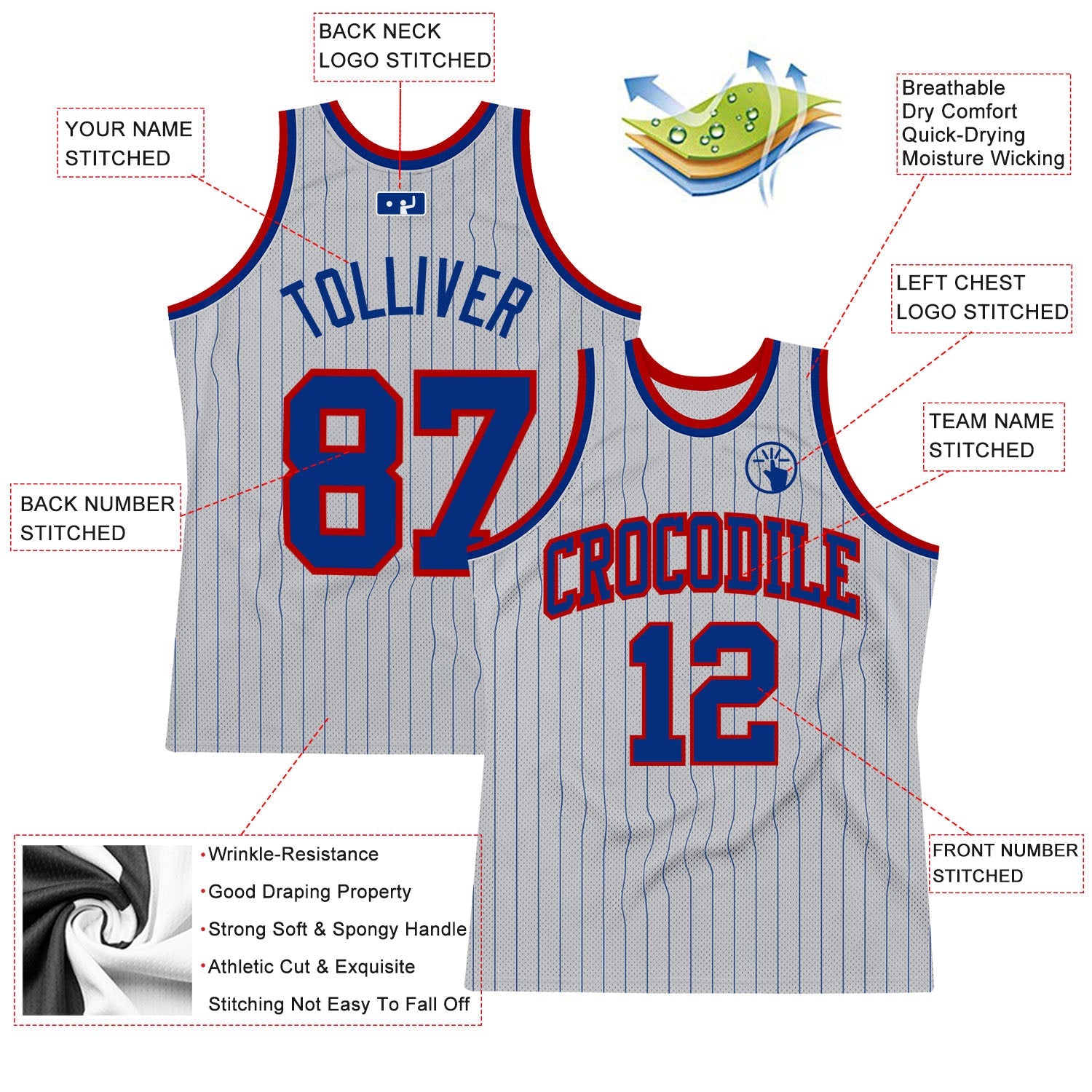 Custom Gray Royal Pinstripe Royal-Red Authentic Basketball Jersey view 2