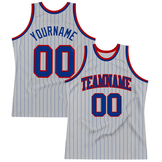 Custom Gray Royal Pinstripe Royal-Red Authentic Basketball Jersey - Main View