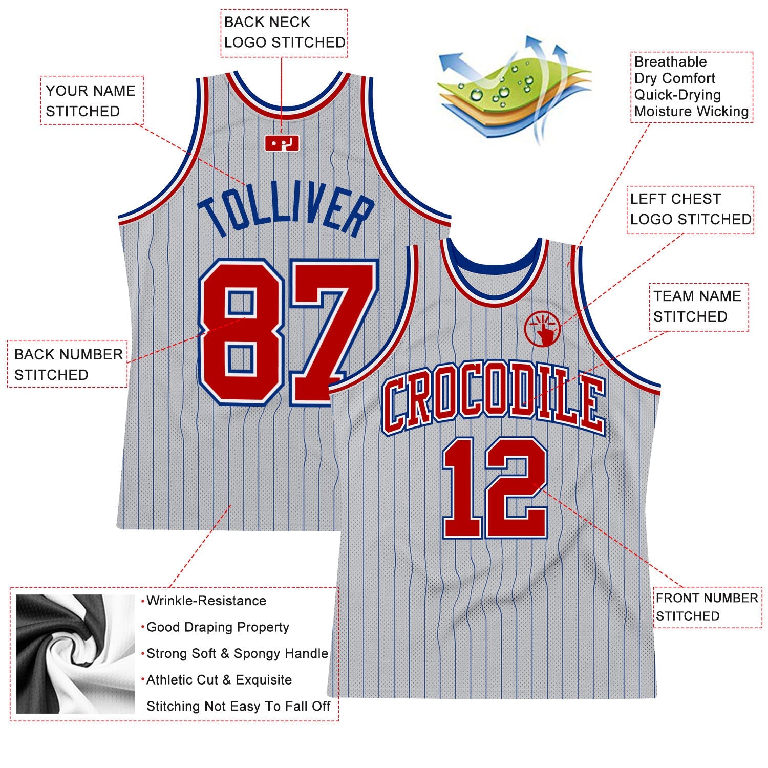 Custom Gray Royal Pinstripe Red-White Authentic Basketball Jersey view 2