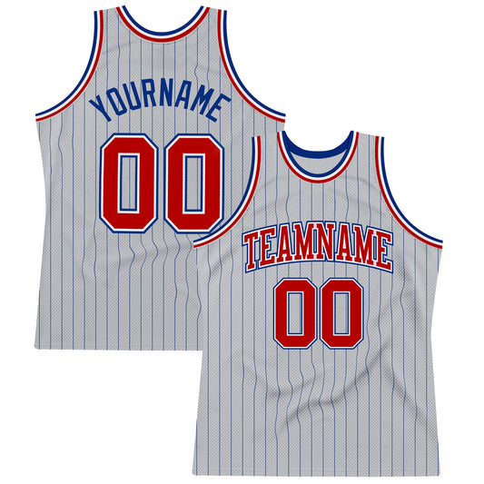 Custom Gray Royal Pinstripe Red-White Authentic Basketball Jersey - Main View