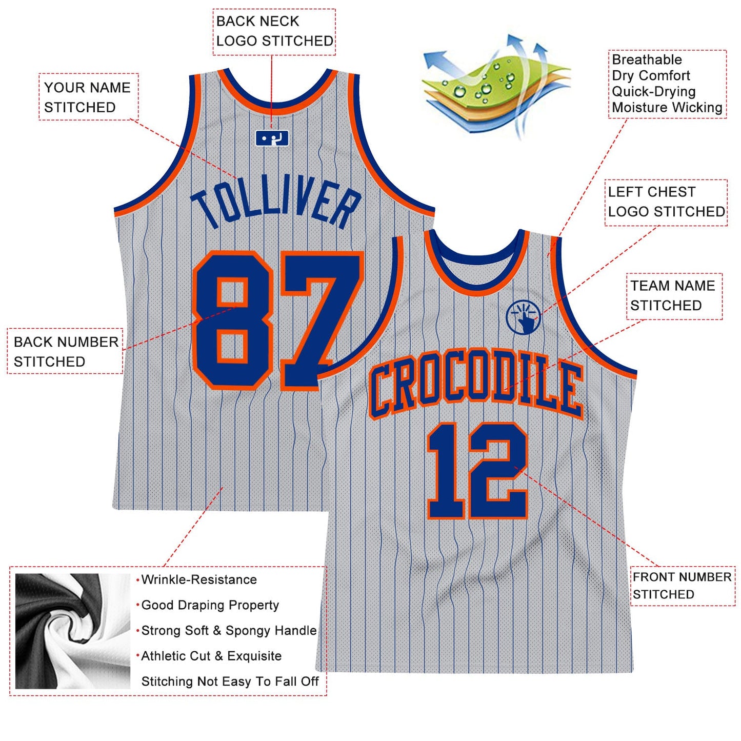 Custom Gray Royal Pinstripe Royal-Orange Authentic Basketball Jersey view 2