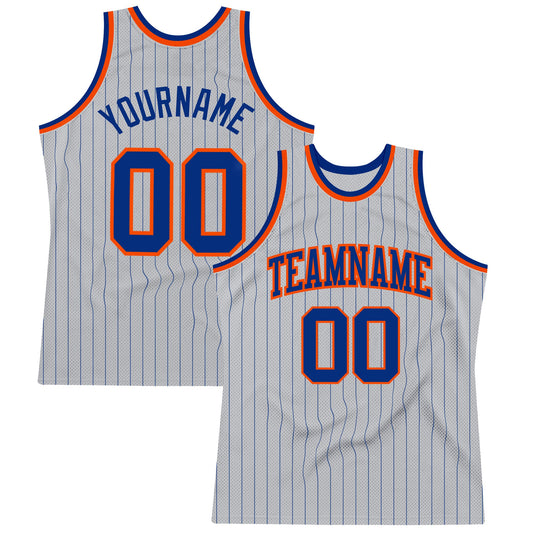 Custom Gray Royal Pinstripe Royal-Orange Authentic Basketball Jersey - Main View