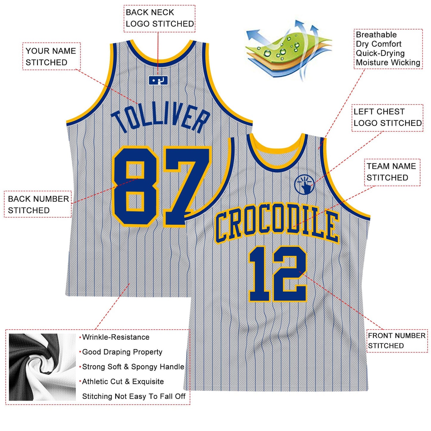 Custom Gray Royal Pinstripe Royal-Gold Authentic Basketball Jersey view 2