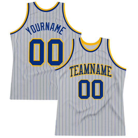 Custom Gray Royal Pinstripe Royal-Gold Authentic Basketball Jersey - Main View