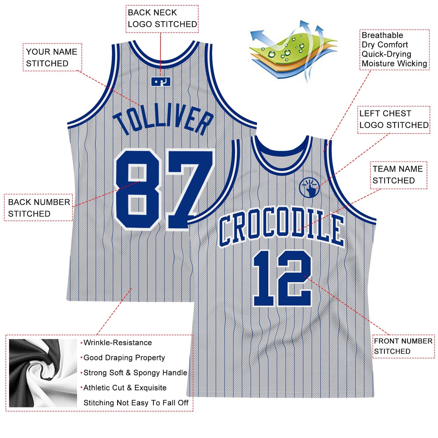 Custom Gray Royal Pinstripe Royal-White Authentic Basketball Jersey view 2