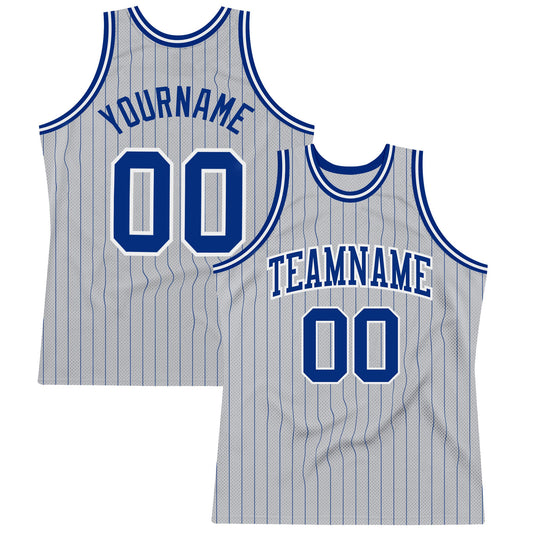 Custom Gray Royal Pinstripe Royal-White Authentic Basketball Jersey - Main View