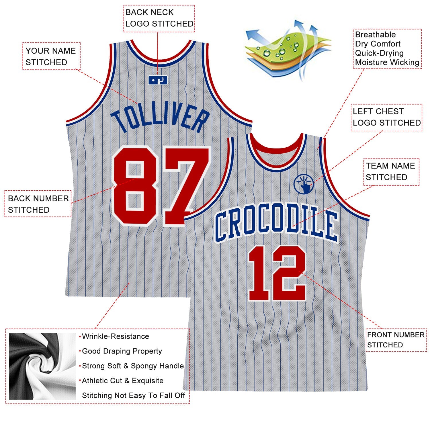 Custom Gray Royal Pinstripe Red-White Authentic Basketball Jersey view 2