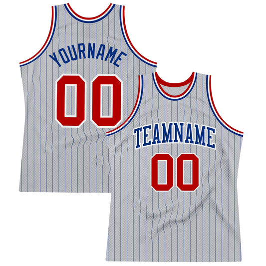 Custom Gray Royal Pinstripe Red-White Authentic Basketball Jersey - Main View