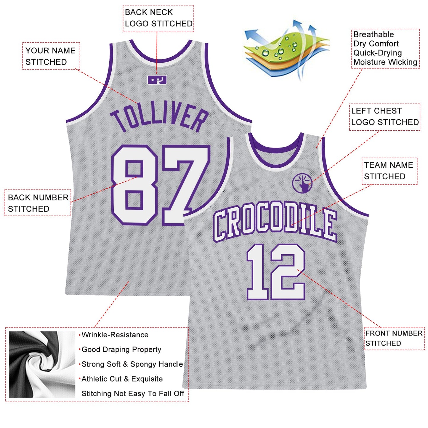 Custom Gray White-Purple Authentic Throwback Basketball Jersey view 2