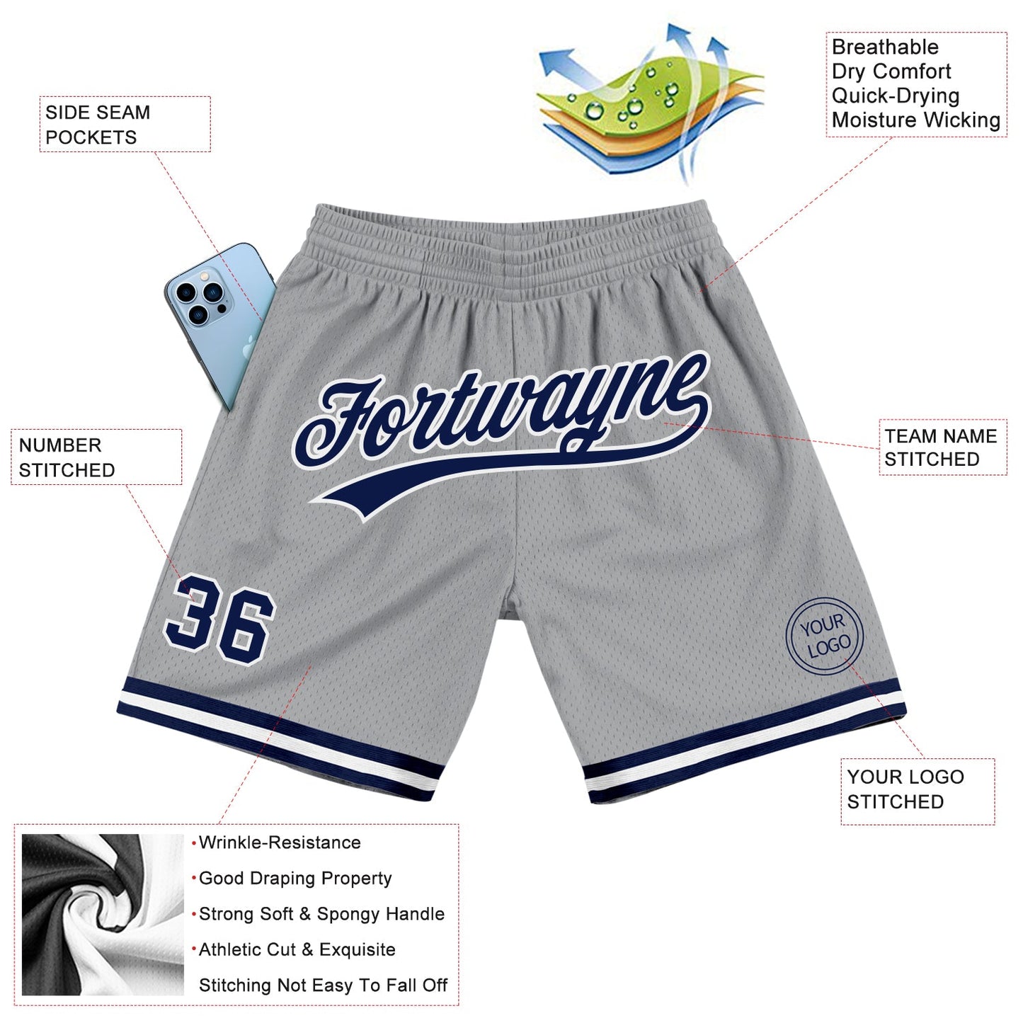 Custom Gray Navy-White Authentic Throwback Basketball Shorts view 2