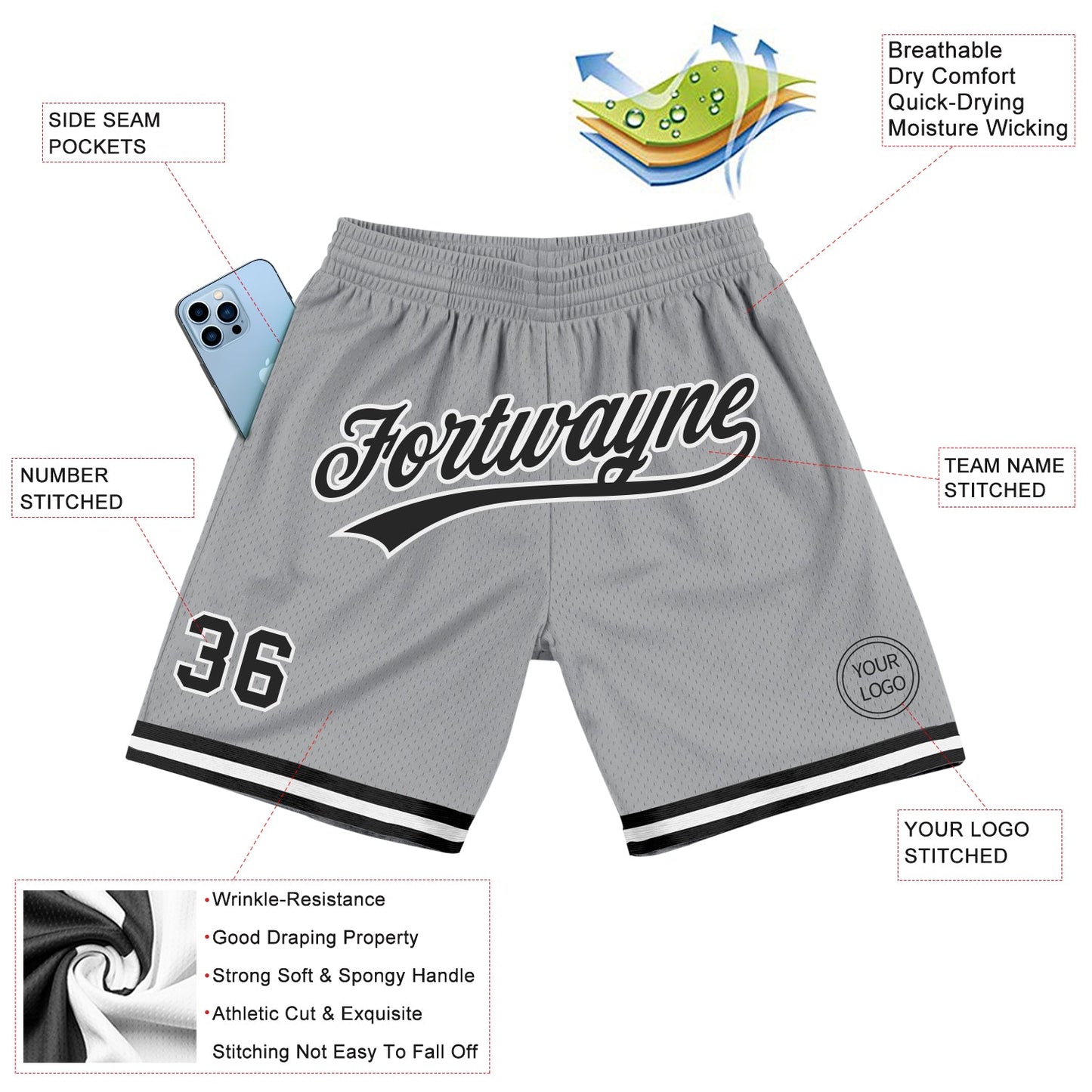 Custom Gray Black-White Authentic Throwback Basketball Shorts view 2