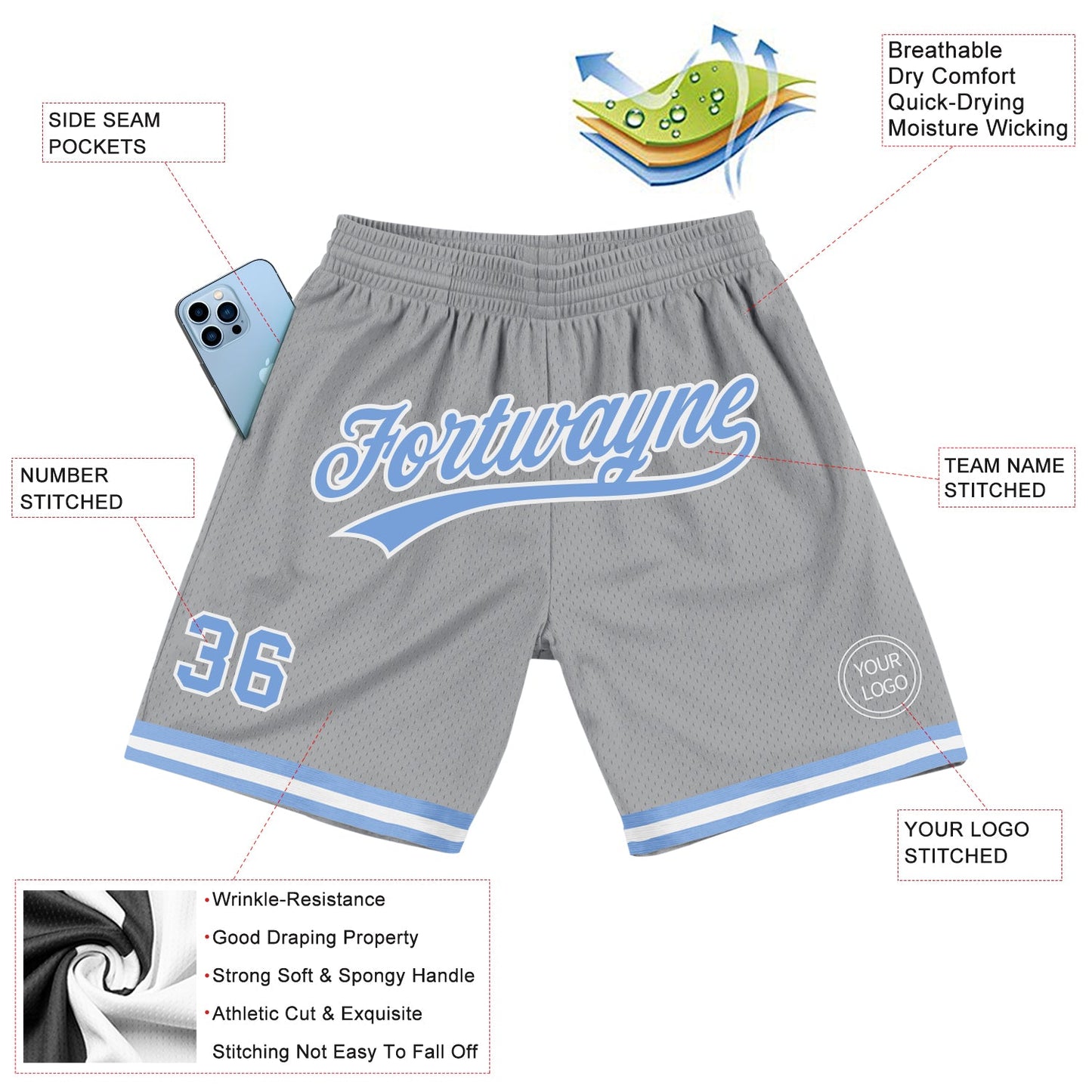 Custom Gray Light Blue-White Authentic Throwback Basketball Shorts view 2