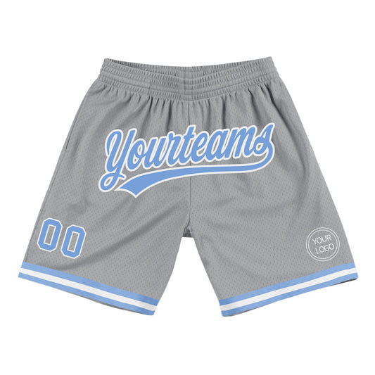 Custom Gray Light Blue-White Authentic Throwback Basketball Shorts - Main View