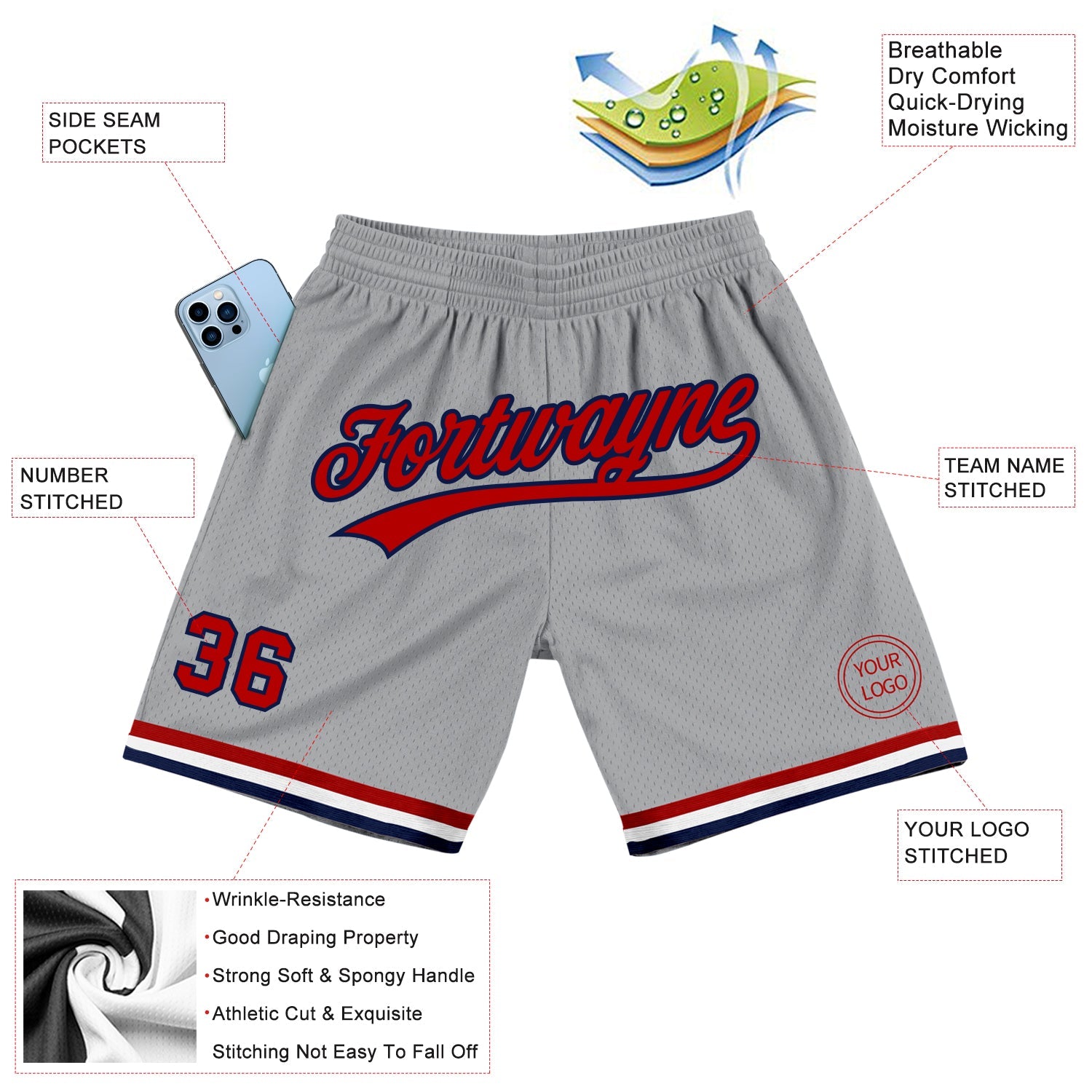 Custom Gray Red-Navy Authentic Throwback Basketball Shorts view 2