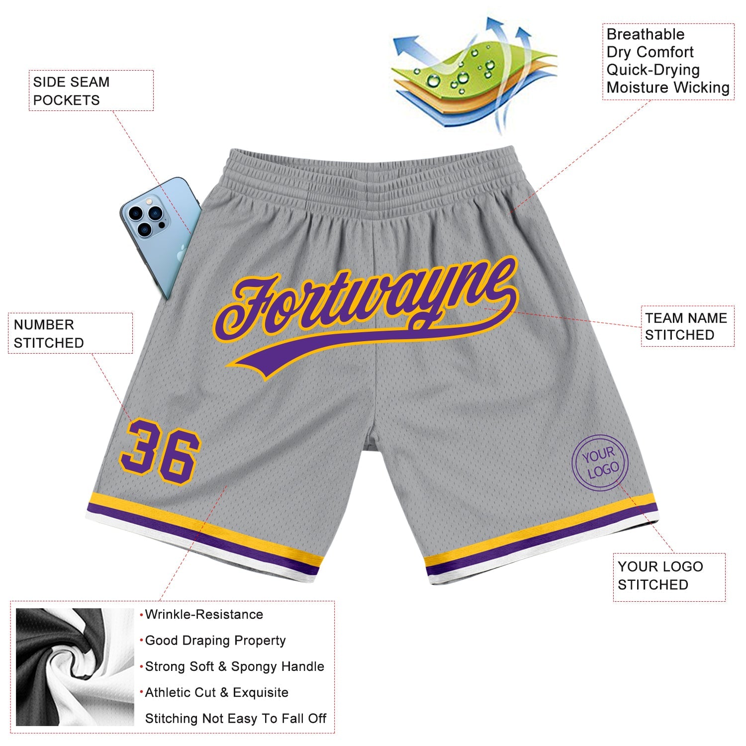 Custom Gray Purple-Gold Authentic Throwback Basketball Shorts view 2