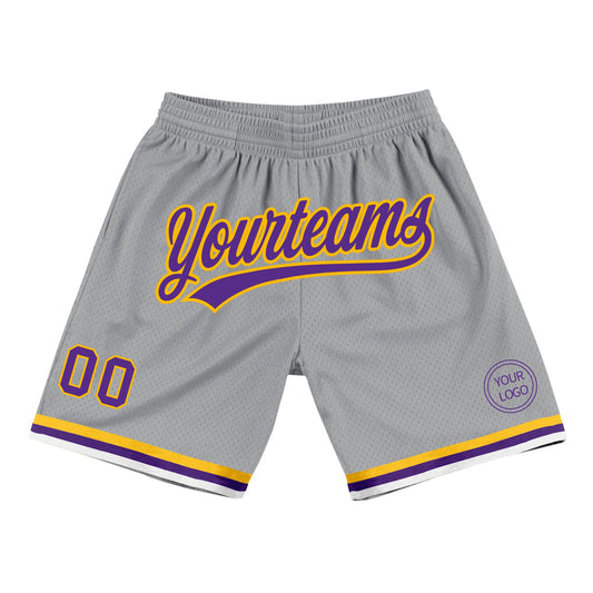 Custom Gray Purple-Gold Authentic Throwback Basketball Shorts - Main View