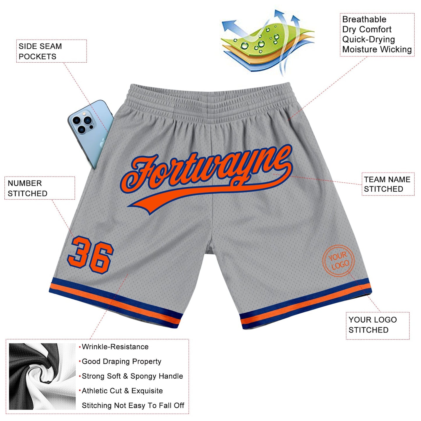 Custom Gray Orange-Royal Authentic Throwback Basketball Shorts view 2