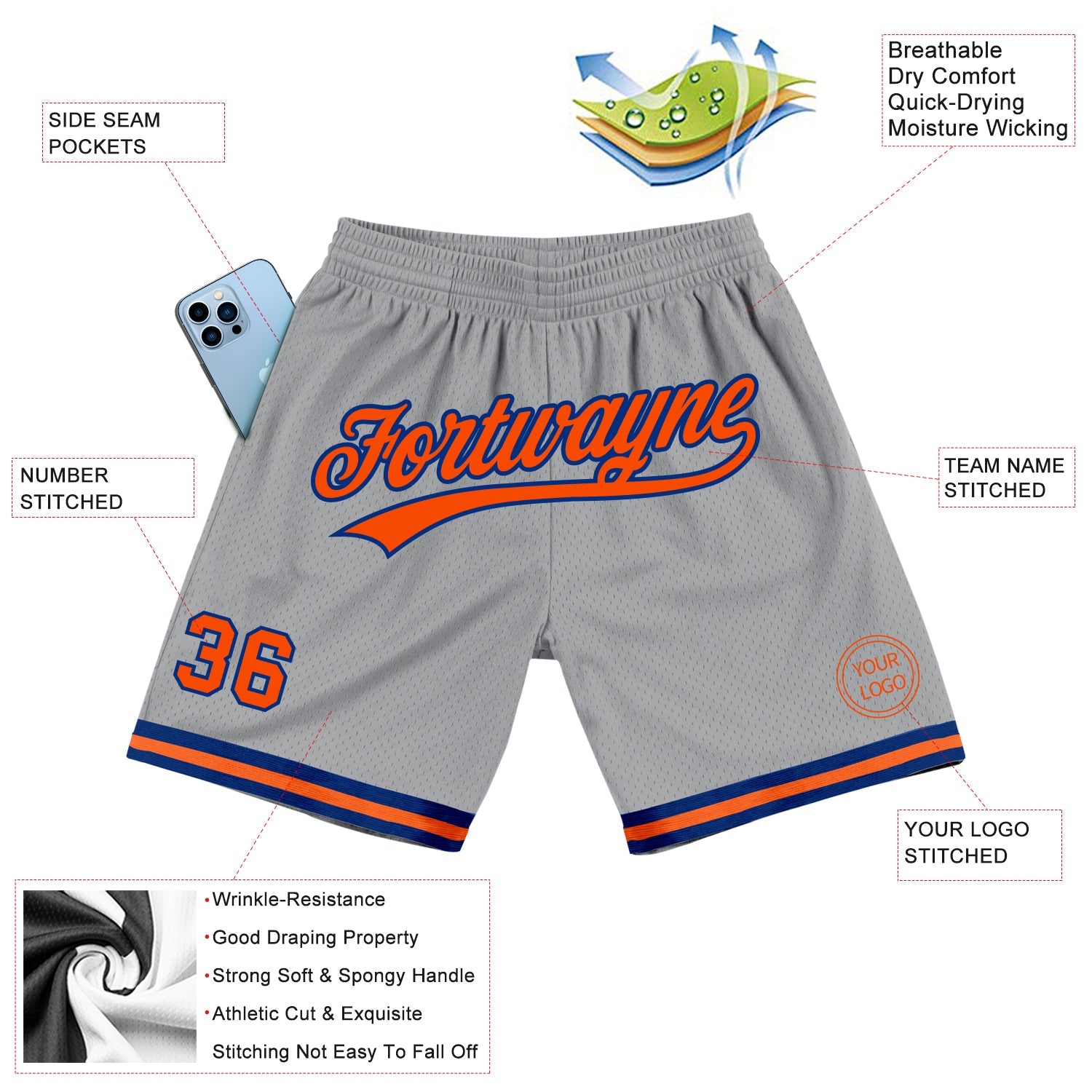 Custom Gray Orange-Royal Authentic Throwback Basketball Shorts view 2