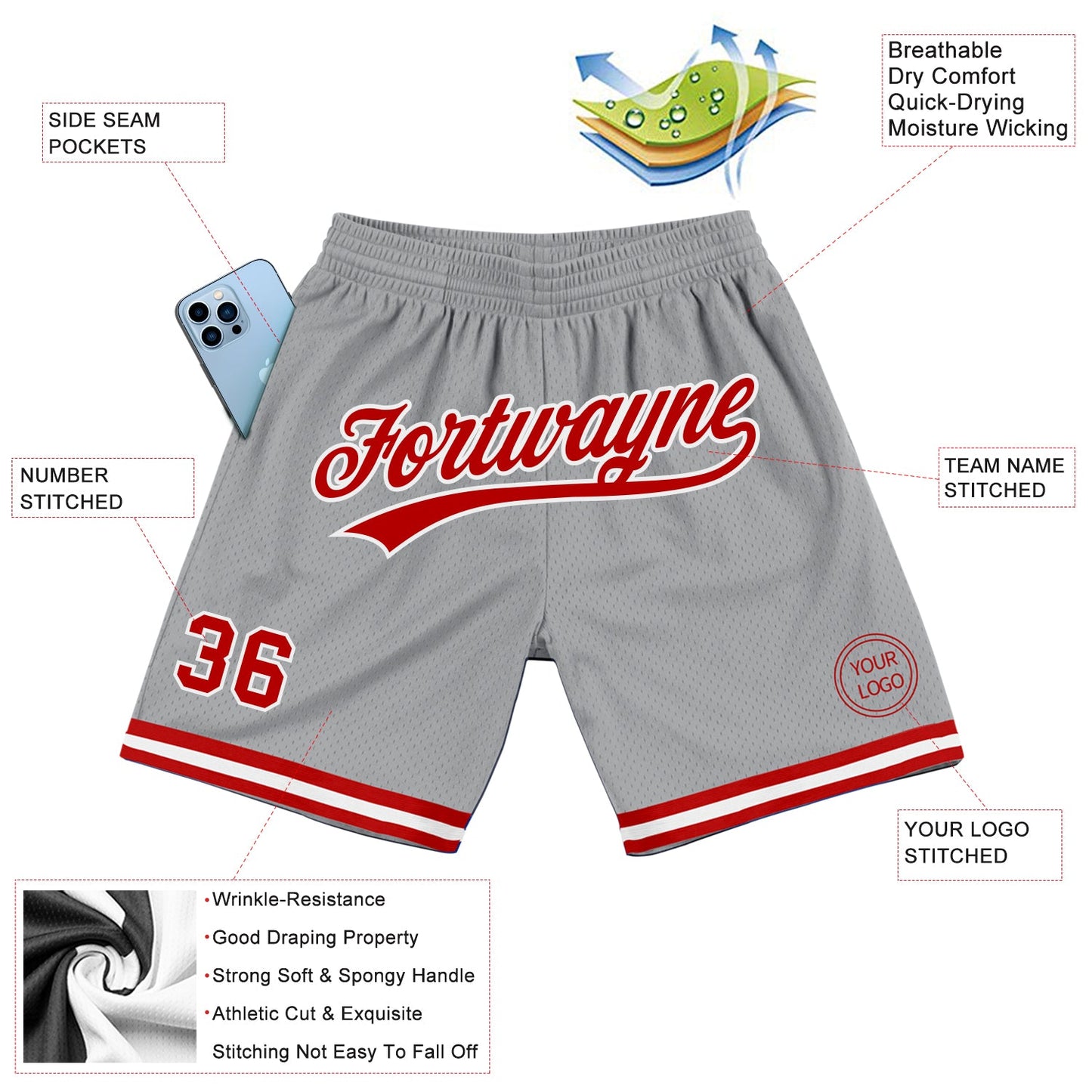 Custom Gray Red-White Authentic Throwback Basketball Shorts view 2