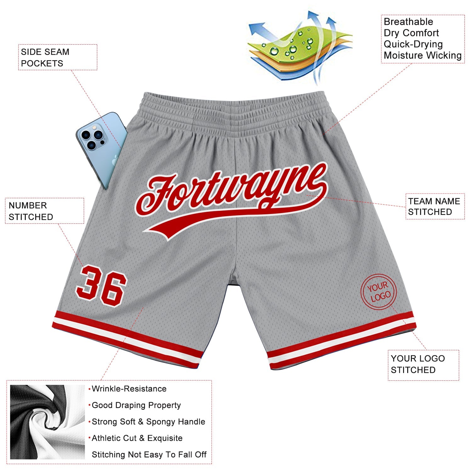 Custom Gray Red-White Authentic Throwback Basketball Shorts view 2