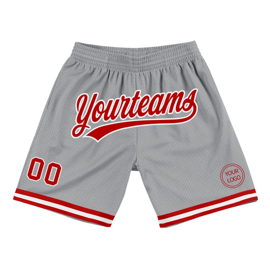 Custom Gray Red-White Authentic Throwback Basketball Shorts - Main View
