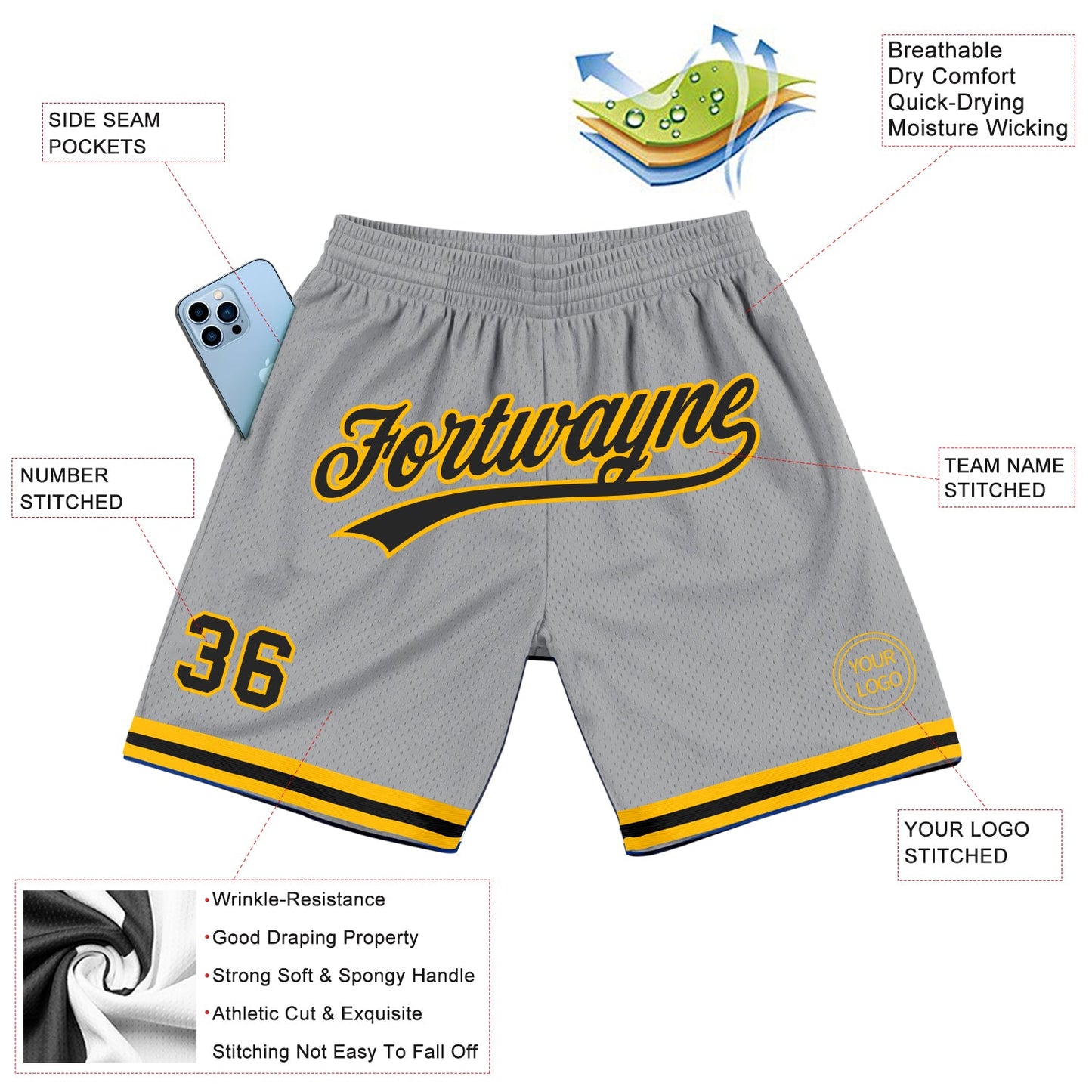 Custom Gray Black-Gold Authentic Throwback Basketball Shorts view 2