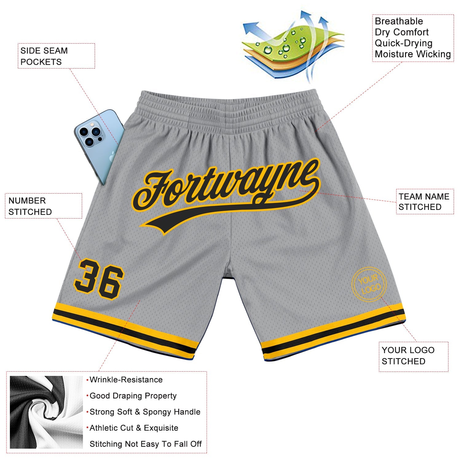 Custom Gray Black-Gold Authentic Throwback Basketball Shorts view 2