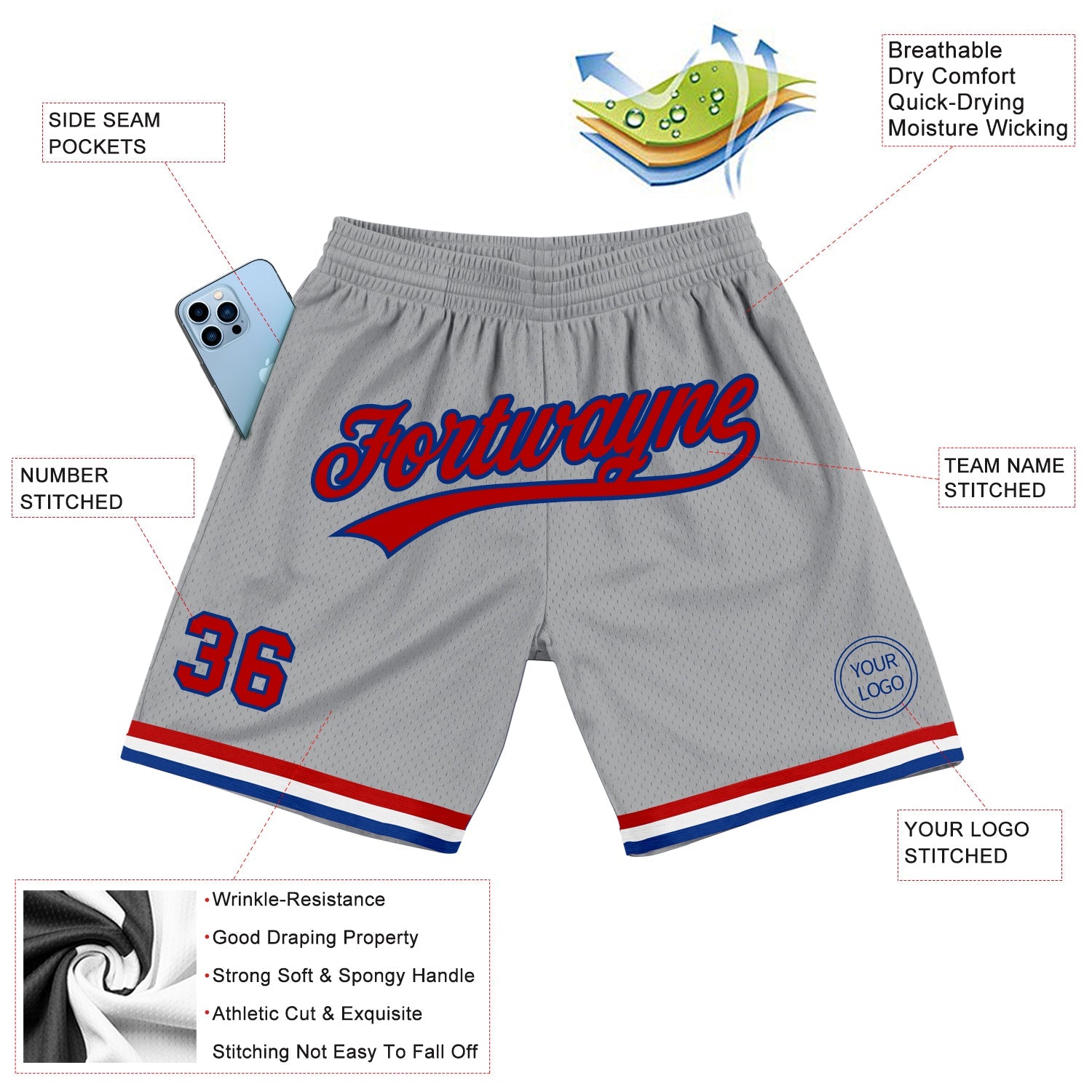 Custom Gray Red-Royal Authentic Throwback Basketball Shorts view 2