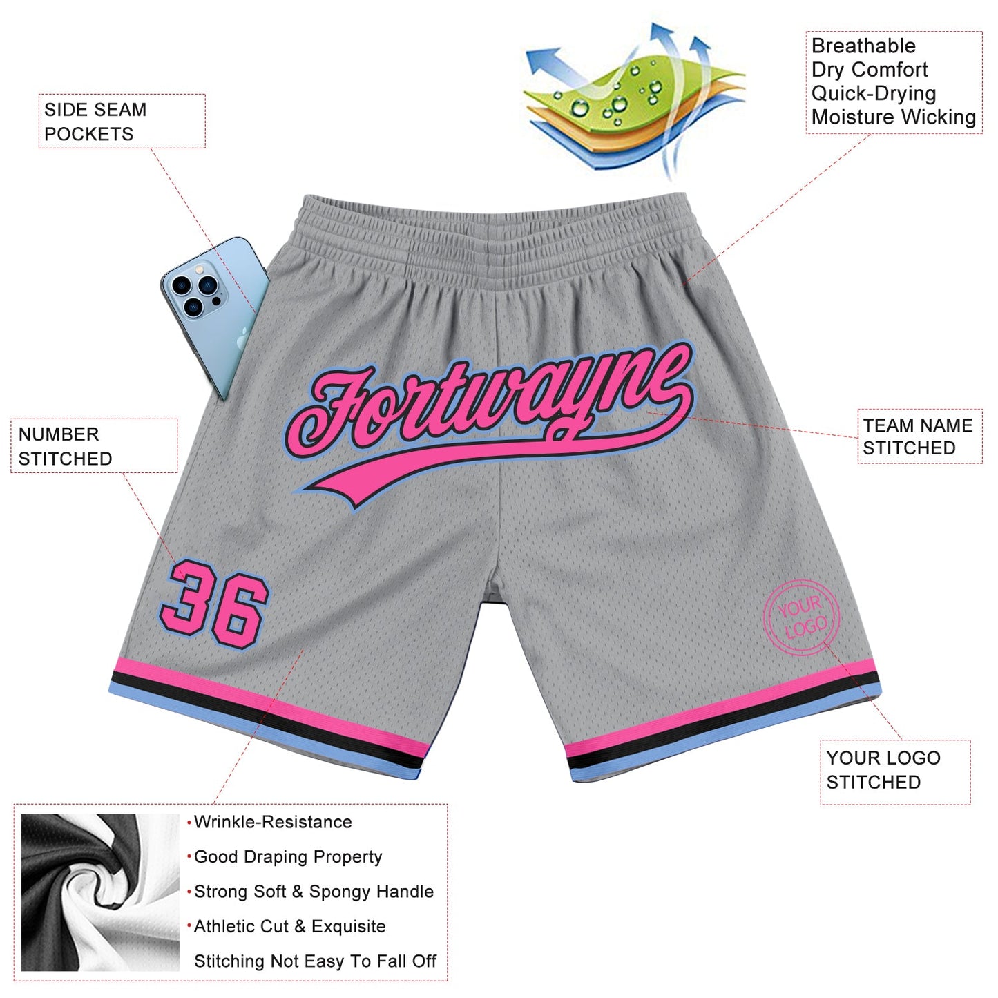 Custom Gray Pink Black-Light Blue Authentic Throwback Basketball Shorts view 2