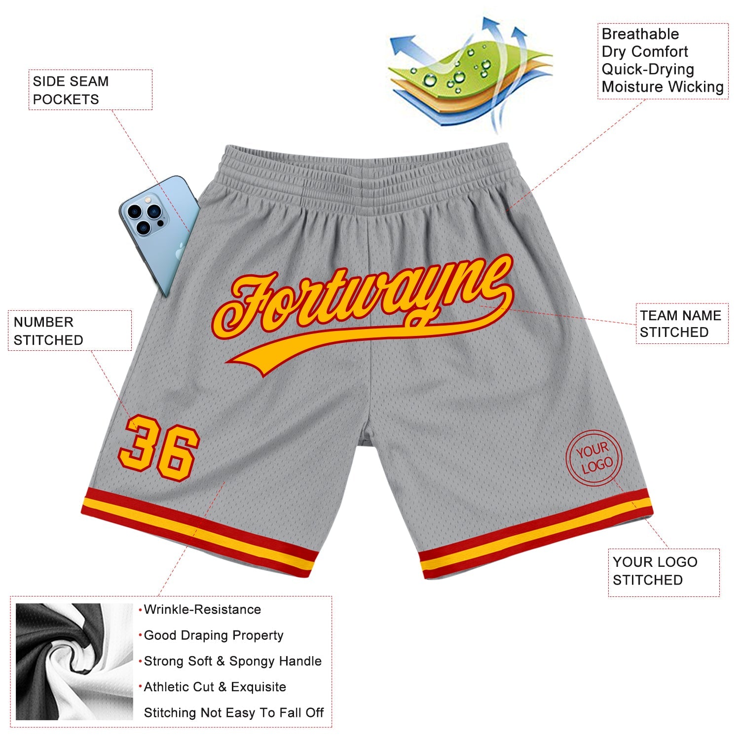 Custom Gray Gold-Red Authentic Throwback Basketball Shorts view 2