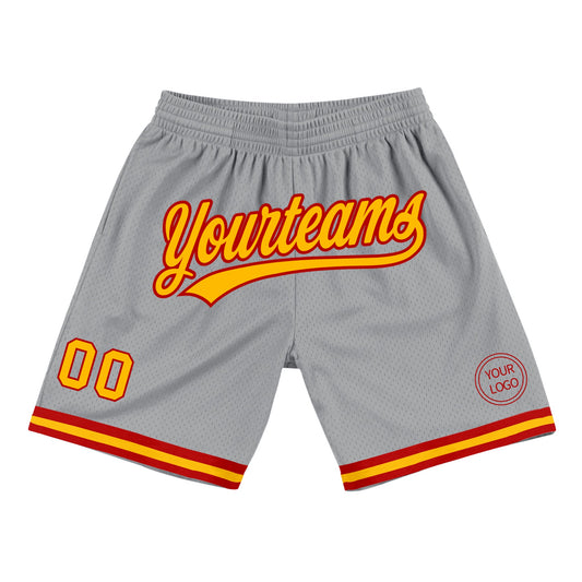 Custom Gray Gold-Red Authentic Throwback Basketball Shorts - Main View