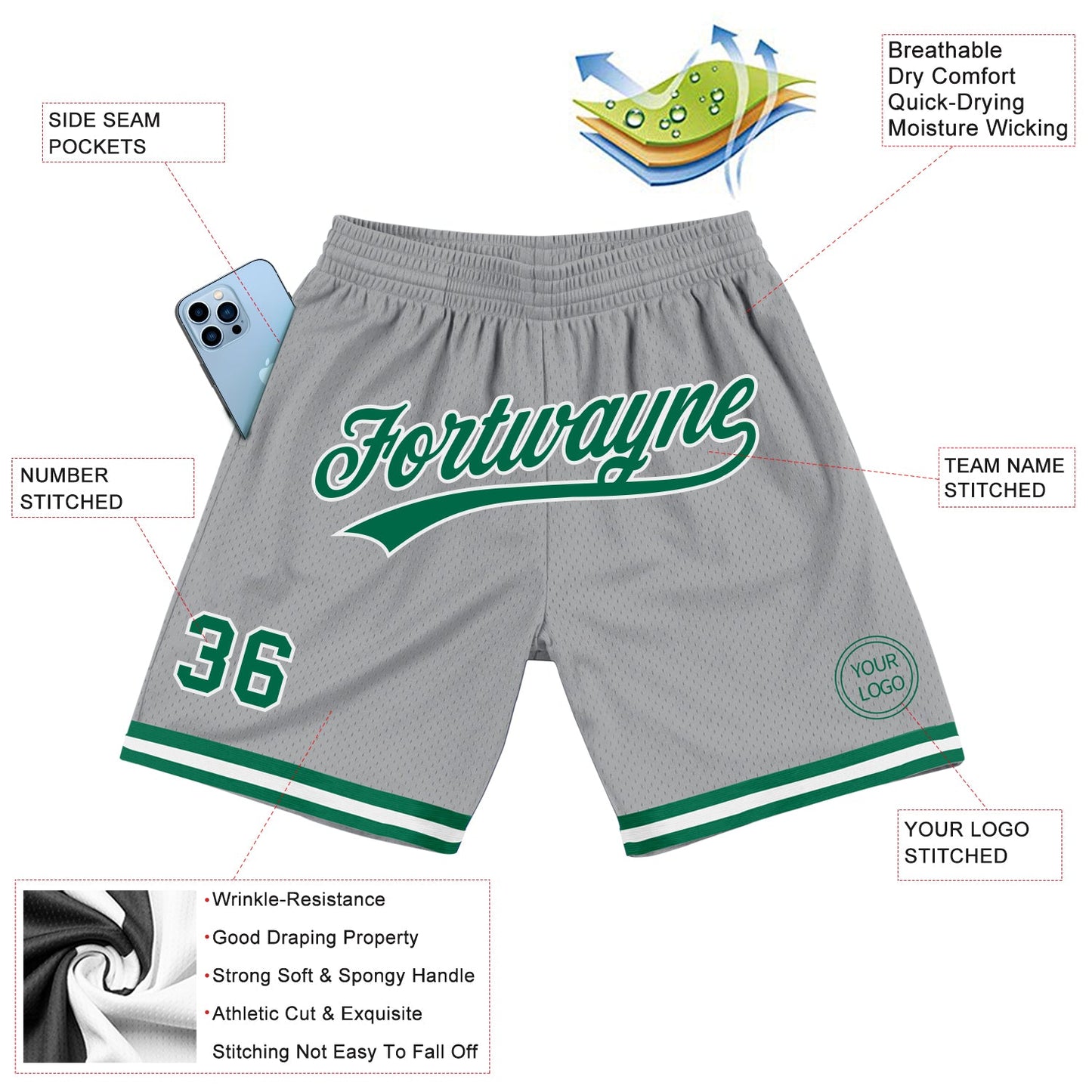Custom Gray Kelly Green-White Authentic Throwback Basketball Shorts view 2