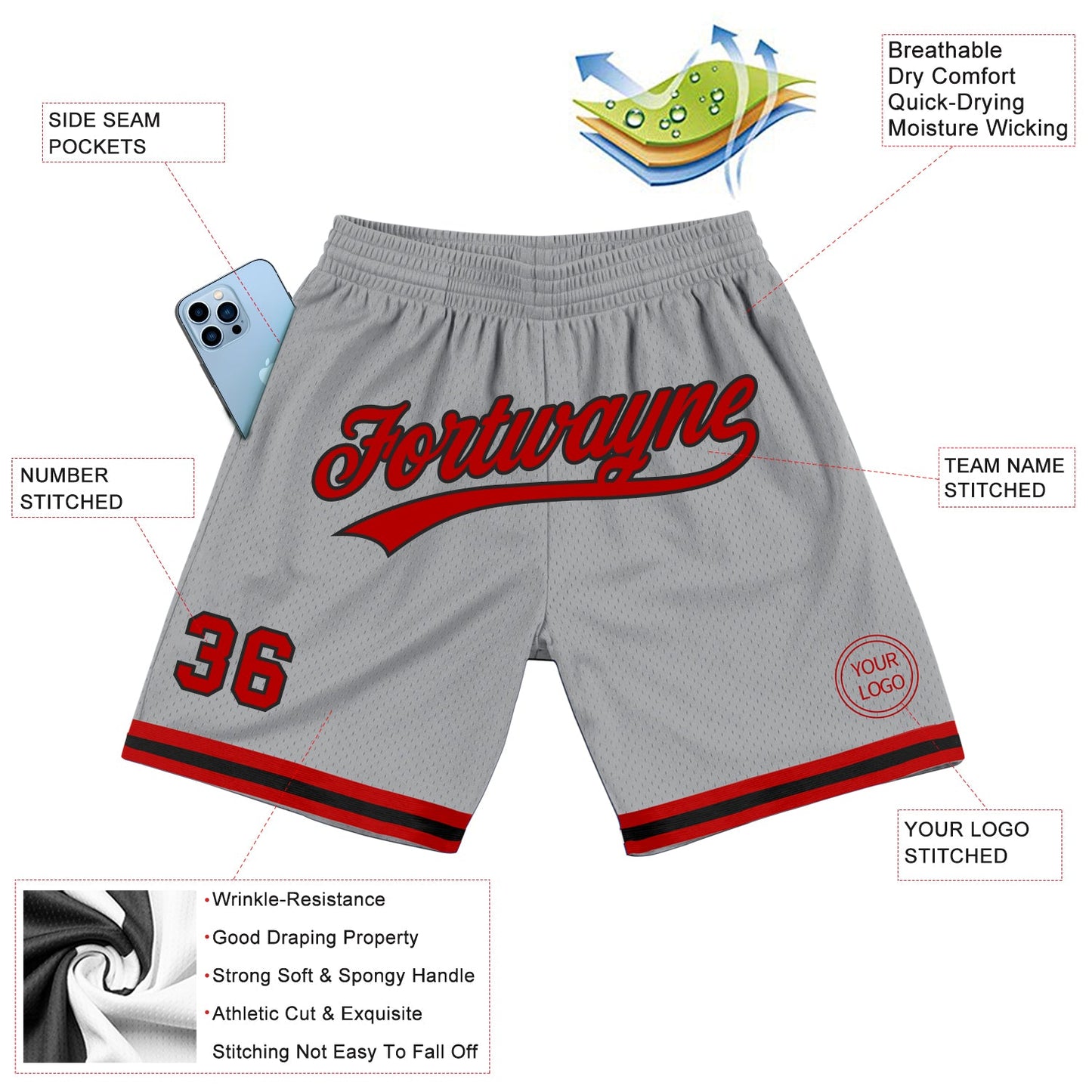 Custom Gray Red-Black Authentic Throwback Basketball Shorts view 2