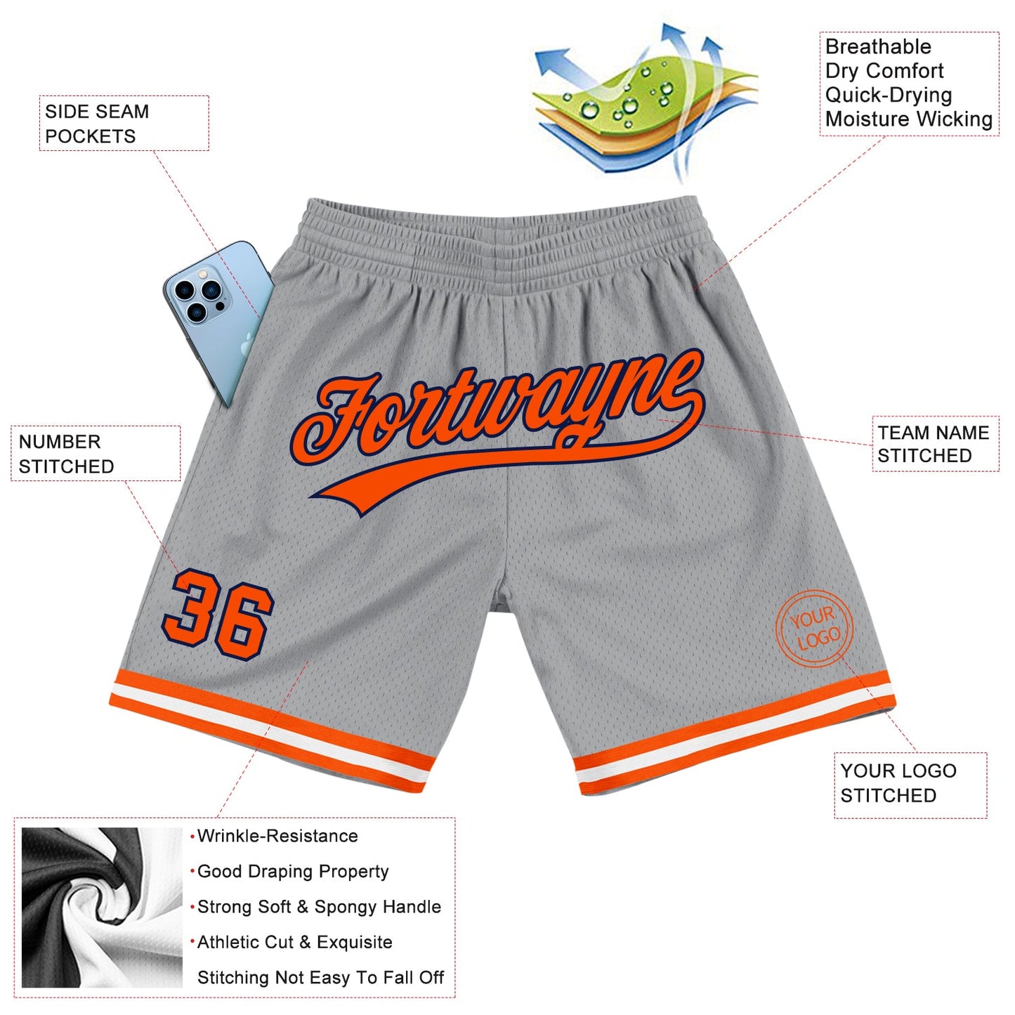 Custom Gray Orange-Navy Authentic Throwback Basketball Shorts view 2