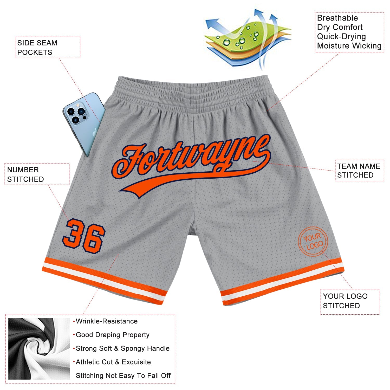 Custom Gray Orange-Navy Authentic Throwback Basketball Shorts view 2