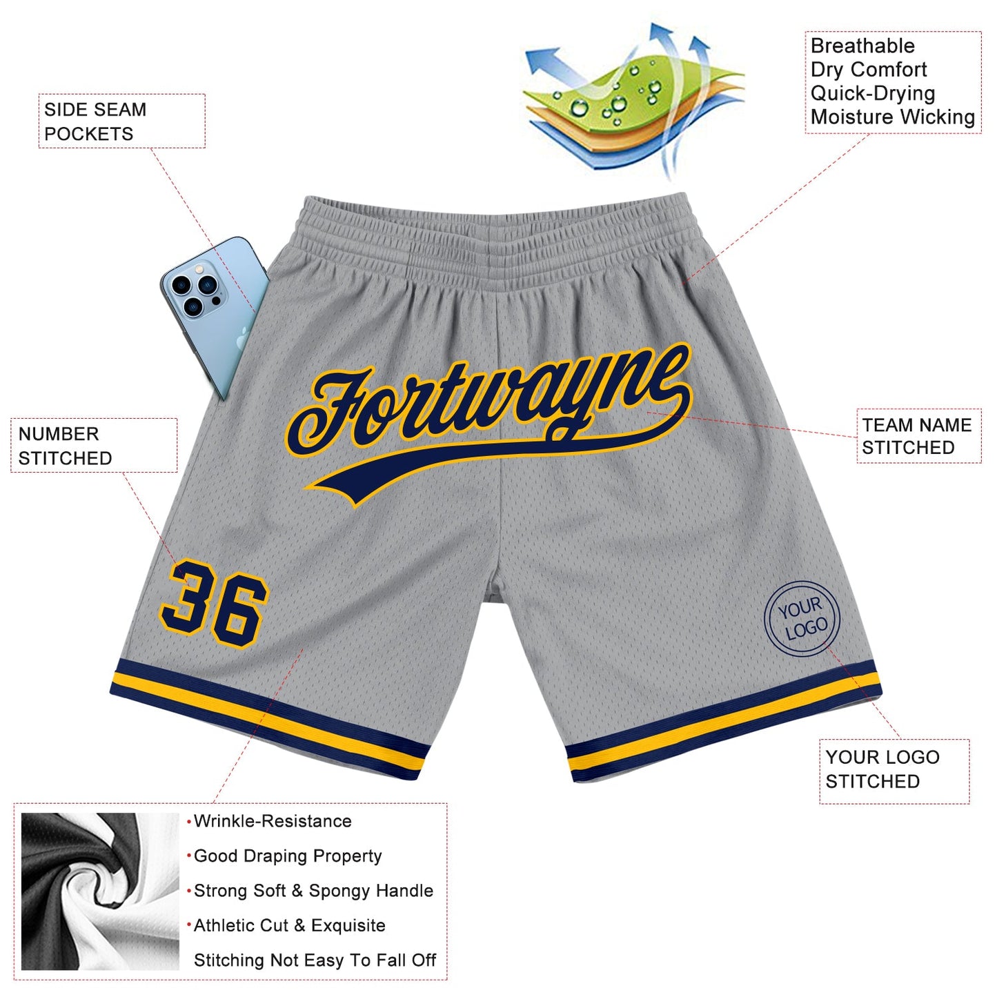 Custom Gray Navy-Gold Authentic Throwback Basketball Shorts view 2