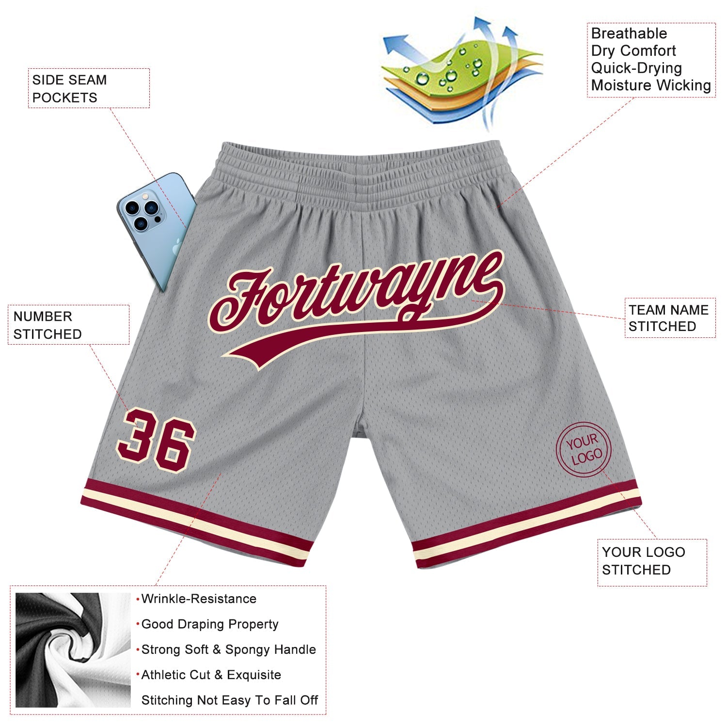 Custom Gray Maroon-Cream Authentic Throwback Basketball Shorts view 2