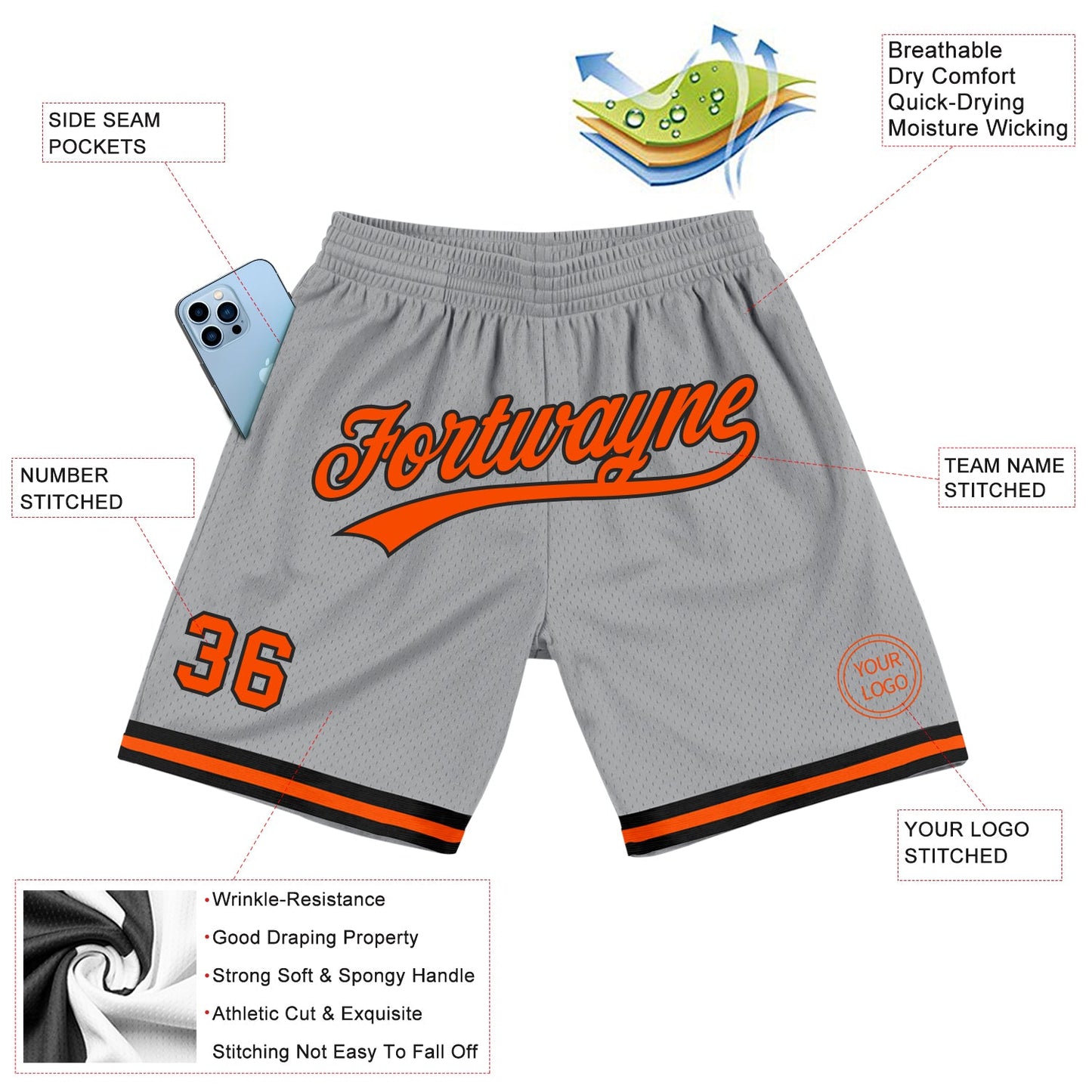 Custom Gray Orange-Black Authentic Throwback Basketball Shorts view 2