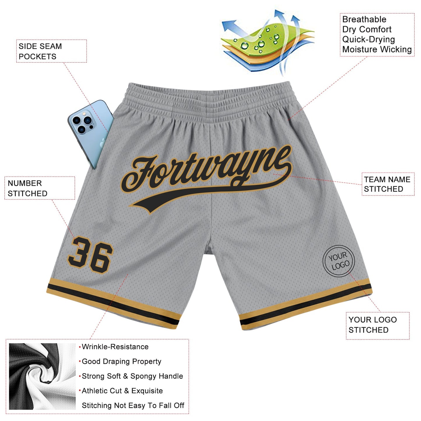 Custom Gray Black-Old Gold Authentic Throwback Basketball Shorts view 2