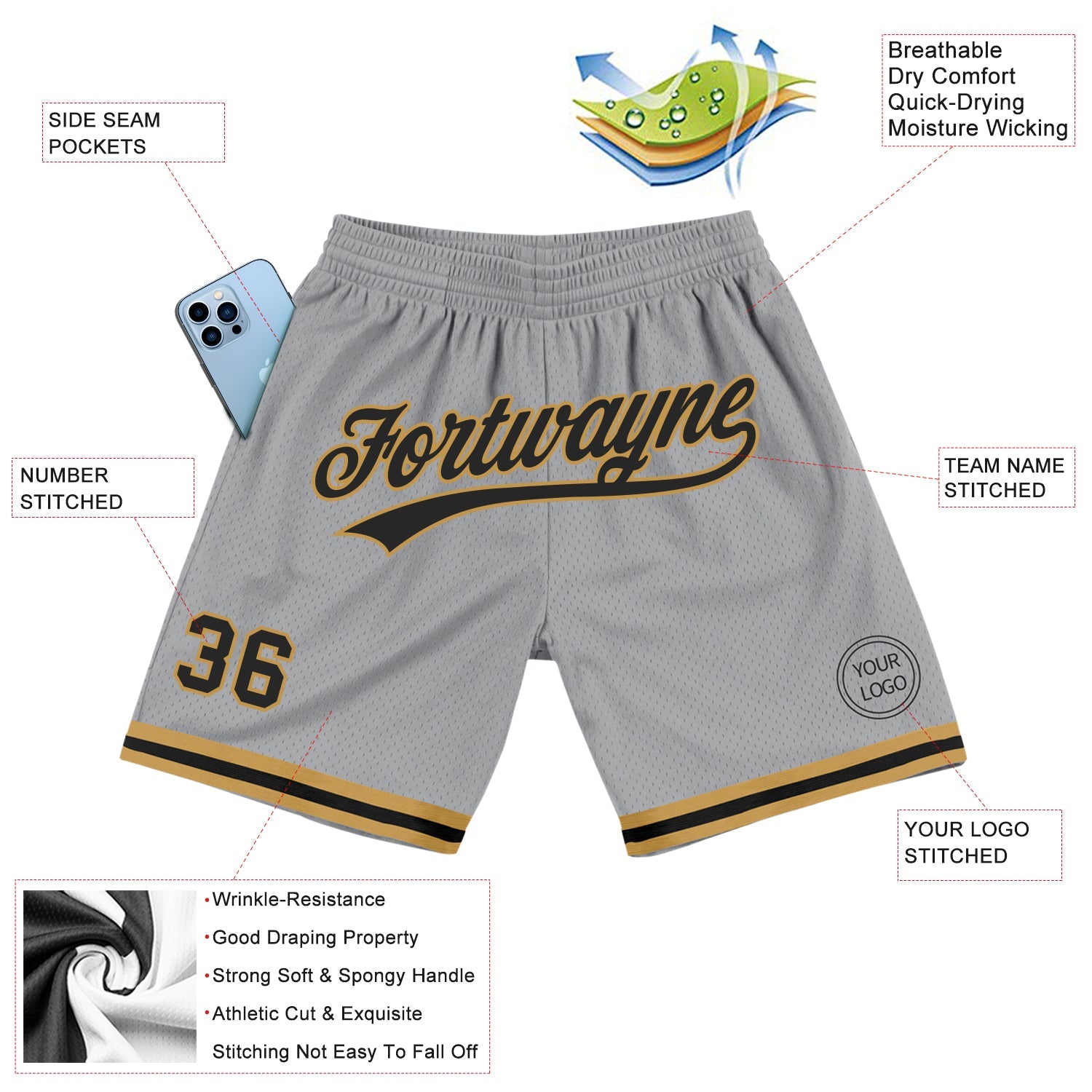 Custom Gray Black-Old Gold Authentic Throwback Basketball Shorts view 2